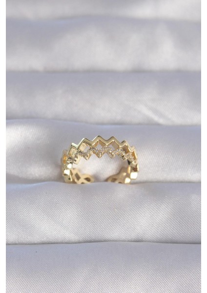 Pirinç Gold Renk Zirkon Taşlı Zikzak Model Ayarlanabilir Yüzük
