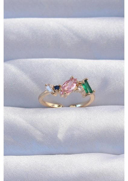 Pirinç Gold Renk Renkli Zirkon Taşlı Ayarlanabilir Yüzük