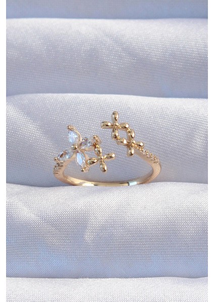 Pirinç Gold Renk Zirkon Taşlı Çiçek Model Ayarlanabilir Yüzük