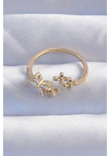 Pirinç Gold Renk Zirkon Taşlı Çiçek Model Ayarlanabilir Yüzük fiyatları