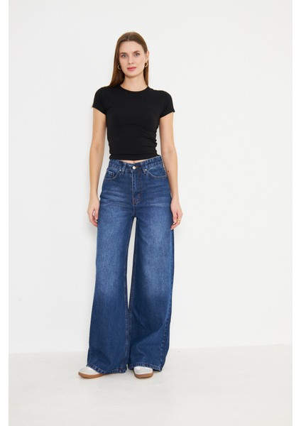 Orta Bel Baggy Model Geniş Paça Kadın Kot Pantolon Lacivert