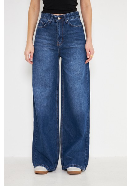 Orta Bel Baggy Model Geniş Paça Kadın Kot Pantolon Lacivert