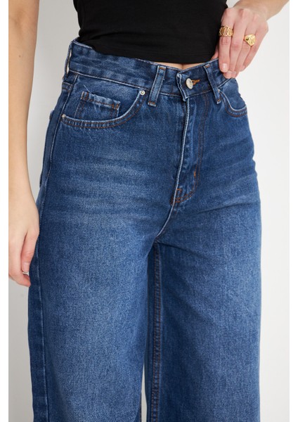 Orta Bel Baggy Model Geniş Paça Kadın Kot Pantolon Lacivert