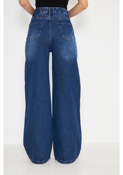 Orta Bel Baggy Model Geniş Paça Kadın Kot Pantolon Lacivert