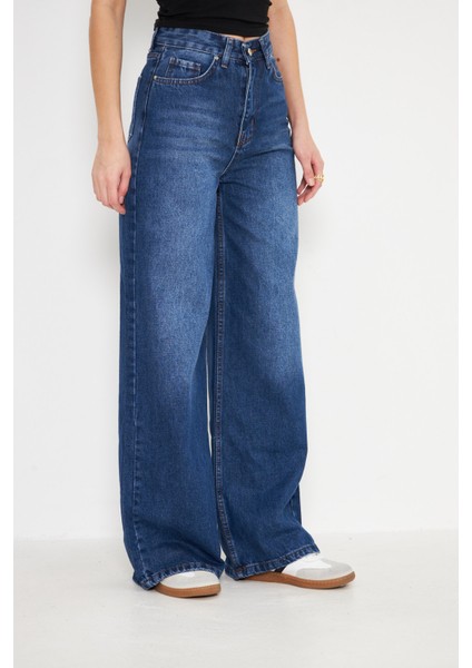 Orta Bel Baggy Model Geniş Paça Kadın Kot Pantolon Lacivert