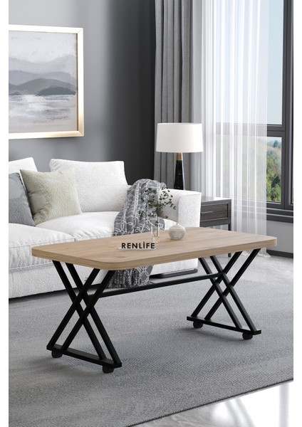 Tekerlekli Orta Sehpa Yemek Masası Balkon Masası Mutfak Masası 60 x 100 Metal Ayaklı (Antik Çam)