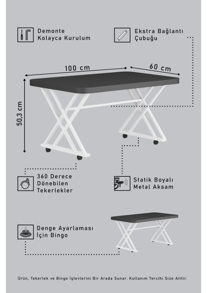 Tekerlekli Orta Sehpa Yemek Masası Balkon Masası Mutfak Masası 60 x 100 Metal Ayaklı (Antik Çam) fiyatları