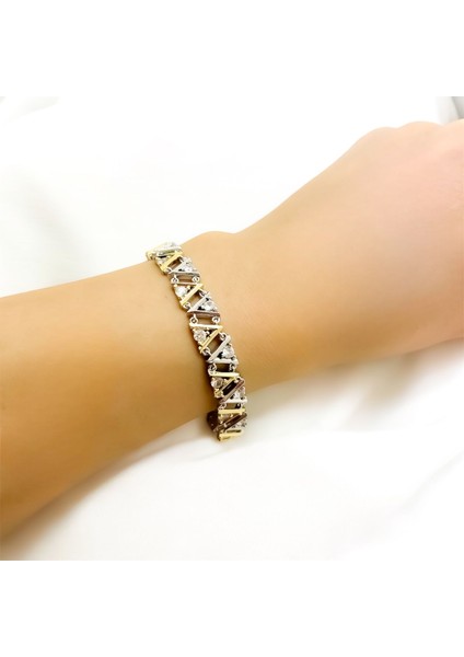 Vip Seri 14K Ayar Kuyum Model 18CM 2 cm Tek Taş Detaylı 316L Paslanmaz Çelik Gold Silver Bileklik