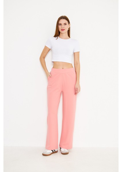 Orta Bel Elastik Düz Paça Kadın Pantolon Pembe