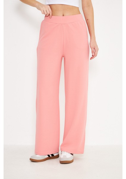 Orta Bel Elastik Düz Paça Kadın Pantolon Pembe