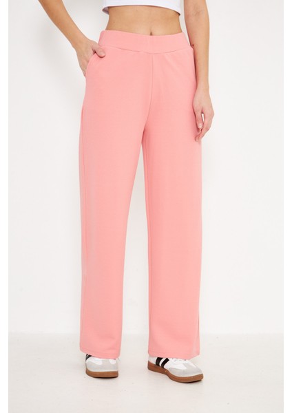 Orta Bel Elastik Düz Paça Kadın Pantolon Pembe