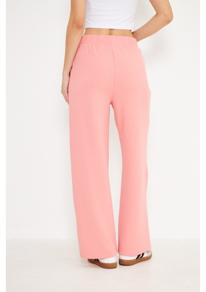 Orta Bel Elastik Düz Paça Kadın Pantolon Pembe