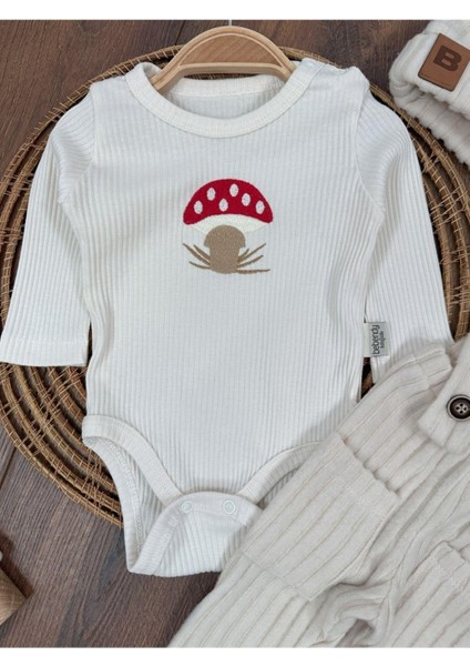 Mantar Nakışlı Salopet Bereli Alttan Çıtçıtlı Badi 3lü Bebek Takım fırsatları