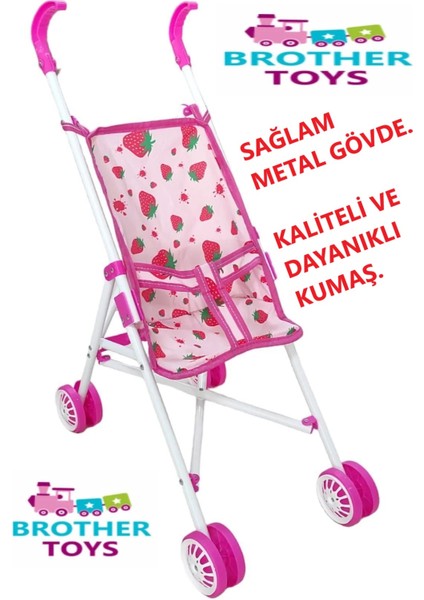 Oyuncak Metal Puset Katlanabilir Bebek Arabası Çilek Desenli Beyaz Pembe