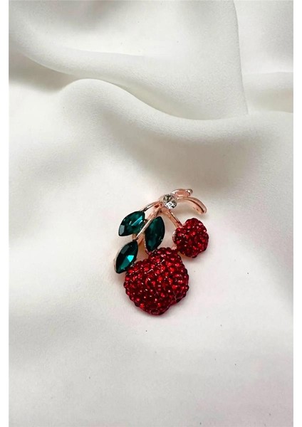 Kırmızı Elma Taşlı Şık Broş 3 Cm.