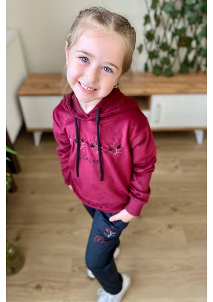 Kız Çocuk Buket Çiçek Işlemeli Kadife Sweatshirt Eşofman Altı Bordo Eşofman Takım