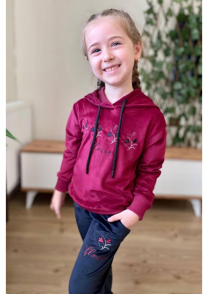Kız Çocuk Buket Çiçek Işlemeli Kadife Sweatshirt Eşofman Altı Bordo Eşofman Takım
