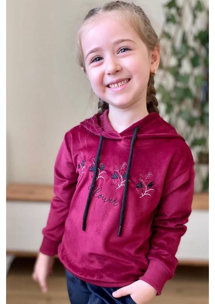 Kız Çocuk Buket Çiçek Işlemeli Kadife Sweatshirt Eşofman Altı Bordo Eşofman Takım