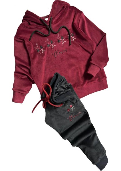Kız Çocuk Buket Çiçek Işlemeli Kadife Sweatshirt Eşofman Altı Bordo Eşofman Takım