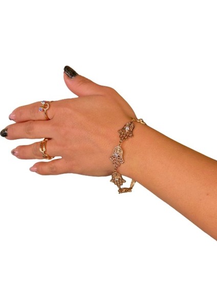 Rose Gold Zirkon Taşlı Fatma Ana Eli Vip Çelik Bileklik