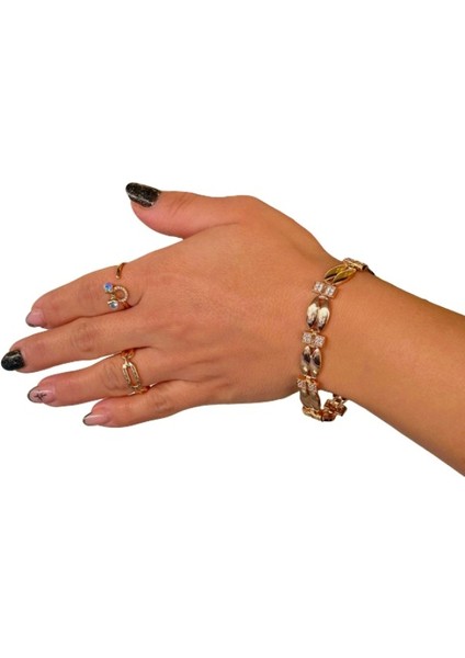 Rose Gold Çift Sıra Zirkon Taşlı Arpa Vip Çelik Bileklik