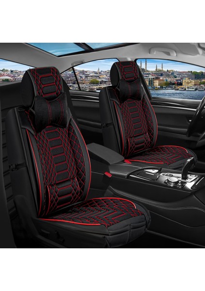 seat Cordoba Uyumlu Deri Oto Koltuk Kılıfı Ön/arka Tam Set London Seri (Siyah-Kırmızı)