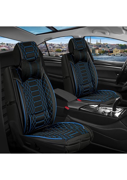 seat Cordoba Uyumlu Deri Oto Koltuk Kılıfı Ön/arka Tam Set London Seri (Siyah-Mavi)