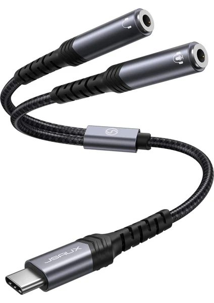 Type-C Jackı Kulaklık Ayırıcı Aux Adaptörü [28 Cm] USB C - Çift 3,5 mm Jak Ayırıcı Ses Y Kablosu iPhone 16/15 Pro Max Plus, Huawei P40, Galaxy S24 S23 S22 Ultra, Piksel Grisi ile Uyumlu CM0017