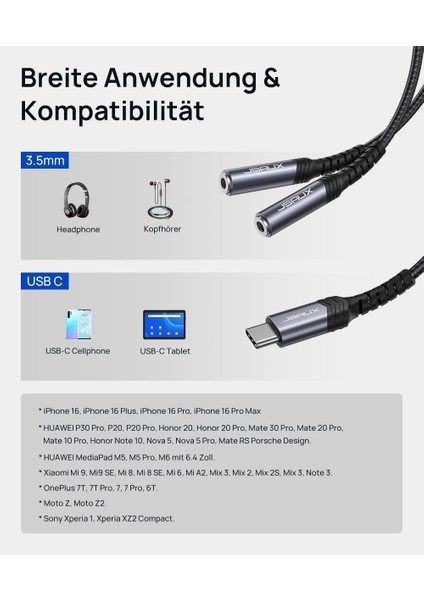 Type-C Jackı Kulaklık Ayırıcı Aux Adaptörü [28 Cm] USB C - Çift 3,5 mm Jak Ayırıcı Ses Y Kablosu iPhone 16/15 Pro Max Plus, Huawei P40, Galaxy S24 S23 S22 Ultra, Piksel Grisi ile Uyumlu CM0017