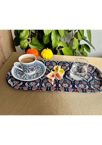 Hilal Lale Çini Desen Çelik Kahve,çay Servis TEPSİSİ(34X15 cm )