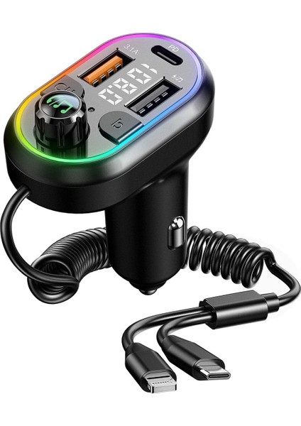 BT307 Çift USB 5V 3.1A/1A LED Bluetooth Fm Transmitter 25W Pd Ios-Android Type-C Iphone Şarj