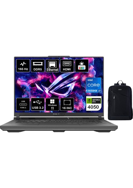 Rog Strix G16 G614JU-N3110 Intel Core I7 13650HX 64GB 4tb SSD RTX4050 (175W) Windows 11 Pro 16" 165Hz Wuxga Taşınabilir Bilgisayar + Boz Çanta