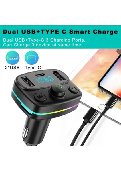 Fm Transmitter 5.0 LED Işıklı Bluetooth Araç Kiti USB Mp3 Sd Kart Çakmaklık Girişli Oto Müzik Çalar indirimleri