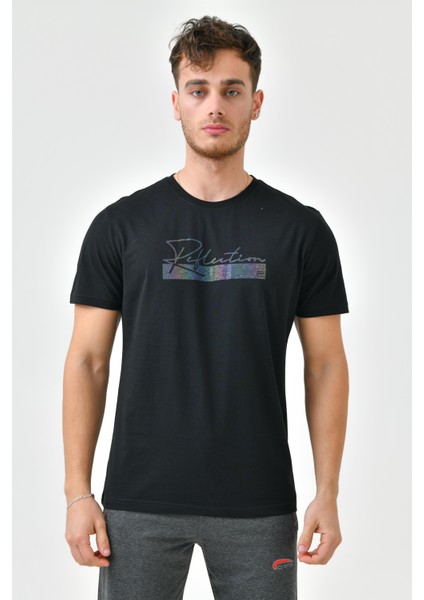 Siyah Baskı Detaylı O Yaka Standart Kalıp Erkek T-Shirt
