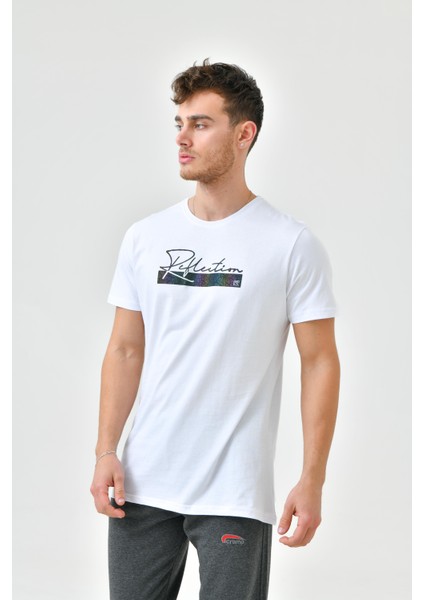 Beyaz Baskı Detaylı O Yaka Standart Kalıp Erkek T-Shirt fiyatları