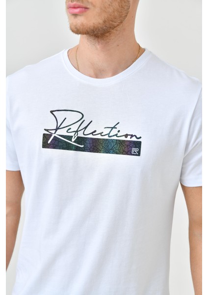 Beyaz Baskı Detaylı O Yaka Standart Kalıp Erkek T-Shirt indirimleri