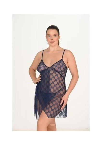 Aria's Closet Büyük Beden Lacivert Gecelik 3046