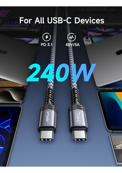 3 Metre 240W Usb-C - Usb-C Kablosu 100 Watt Uyumlu Type-C Hızlı Şarj MacBook Pro Air, iPad Pro Air, Dell, iPhone 16/16 Pro Max, iPhone 15 Serisi, Samsung Galaxy S24/S22/S21 ile Uyumlu CC0042