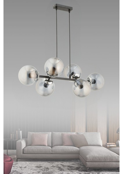 Miran 6 Lı Modern Siyah Füme Glop Camlı Sıralı Avize