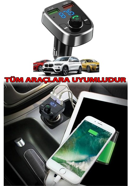 Tüm Cep Telefonlara Uyumlu Fm Transmitter Bluetooth Radyo Araç Kiti Çakmaklık USB Girişli Şarj Alet