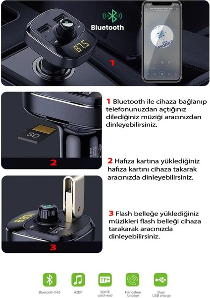Tüm Cep Telefonlara Uyumlu Fm Transmitter Bluetooth Radyo Araç Kiti Çakmaklık USB Girişli Şarj Alet