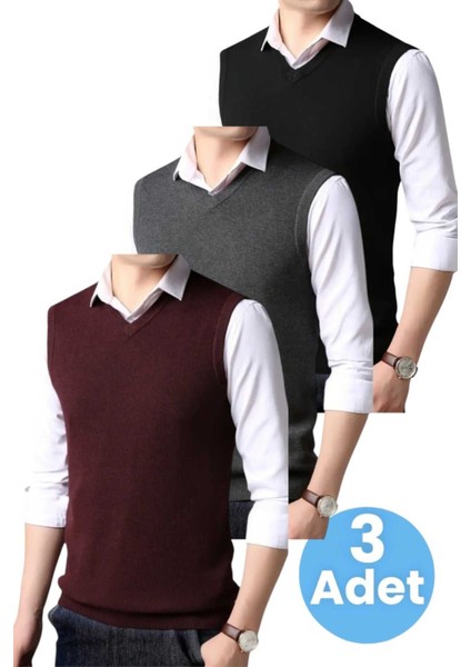 3'lü Erkek V Yaka Triko Tüylenmez Süveter Erkek Slim Fit Süveter