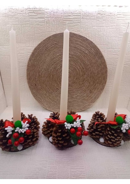 Kırmızı Yılbaşı Masa Dekorasyonu 2li Şamdan Kozalak Kokina Berry Yeni Yıl Dekoratif Mumluk indirimleri