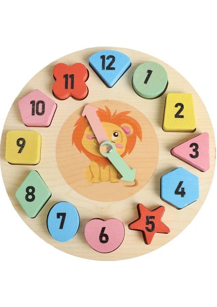12 Ahşap Montessori Eğitici Oyuncak Renkli Geometrik Puzzle Saat 3+ Yaş Kahverengi