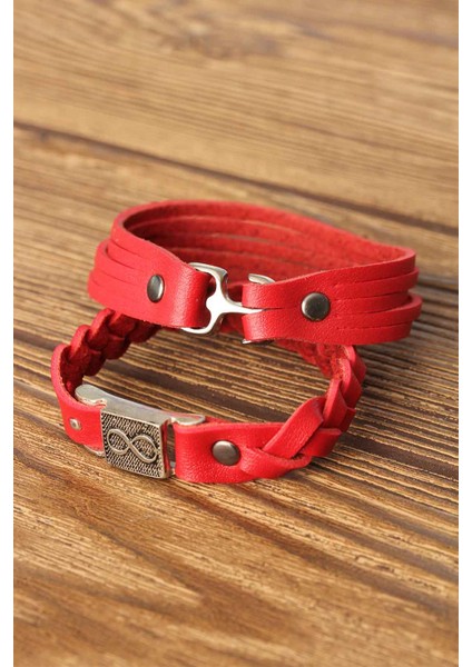 Desenli Metal Aksesuarlı Kırmızı Renk Deri Erkek Bileklik Kombin - TJ-EB2804 fırsatları