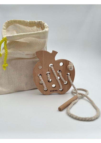 Kahverengi Montessori Eğitici Ahşap Oyuncak – Elma Ip Geçirme 3+ Yaş 1 Parça