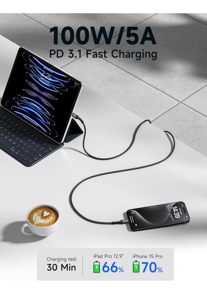 USB C - USB C Kablosu  100WATT 5 Amper Type-C Süper Hızlı Şarj ve Data Kablosu iPhone 16 15 Pro/15 Pro Max Samsung Galaxy S24 S23 S22 iPad Pro MacBook Pro M3 Steam Deck Rog Ally Blue ile Uyumlu