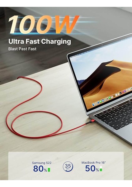 USB C - USB C Kablosu 100WATT 5 Amper Type-C Süper Hızlı Şarj ve Data Kablosu iPhone 16 15 Pro/15 Pro Max Samsung Galaxy S24 S23 S22 iPad Pro MacBook Pro M3 Steam Deck Rog Ally Blue ile Uyumlu