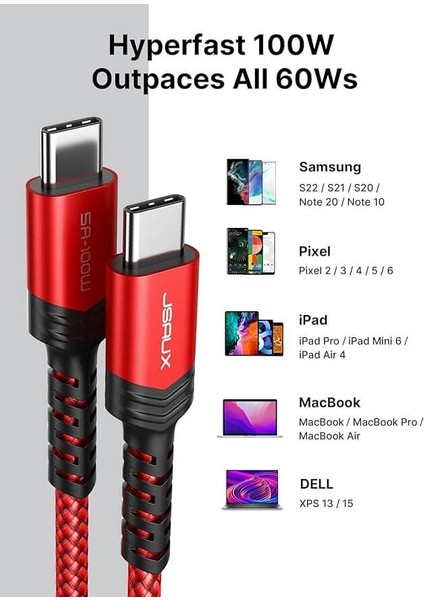 USB C - USB C Kablosu 100WATT 5 Amper Type-C Süper Hızlı Şarj ve Data Kablosu iPhone 16 15 Pro/15 Pro Max Samsung Galaxy S24 S23 S22 iPad Pro MacBook Pro M3 Steam Deck Rog Ally Blue ile Uyumlu