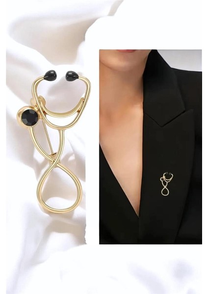 Steteskop Sağlık Tıp Doktor Taşlı Şık Broş 4 Cm.